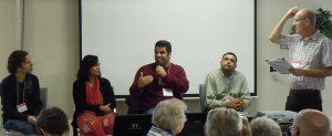 Don Klaassen (far left) moderates panel discussion on practical issues in reaching out. Panel members (L-R) are pastors Marcel Morneau, Salvestina Felix, Kapil Sharma, and Harinder Sahota.