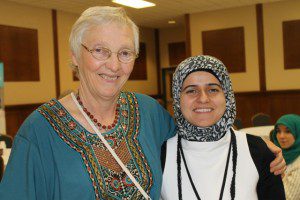 (l-r) Donna Entz, with Mennonite Church Alberta’s North Edmonton Ministry, poses with Asia Wehbi who does communications work with Edmonton’s Al-Rashid mosque. The two worked together to help organize and publicize the Christian-Muslim dialogue held on Sept. 13. Wehbi worked hard on the website; acwalberta.ca. The website outlines the history and hopes for Christian-Muslim friendship in Alberta and around the world.